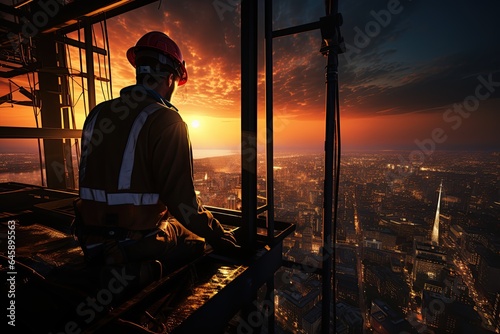 Construction Worker on Skyscraper: A construction worker balances on a high beam, overseeing a towering skyscraper project.Generated with AI