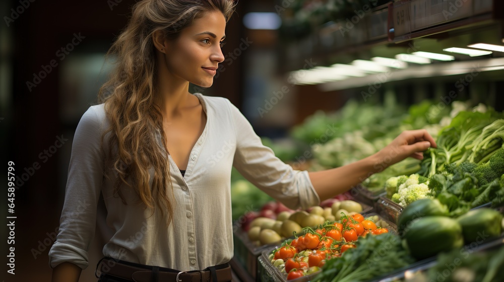 Happy woman in white blouse chooses fresh herbs and vegetables in a supermarket. Wholesome and healthy organic food Happy woman in white blouse chooses fresh herbs and vegetables in a supermarket. Wholesome and healthy organic food