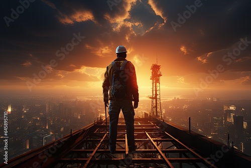 Construction Worker on Skyscraper: A construction worker balances on a high beam, overseeing a towering skyscraper project.Generated with AI
