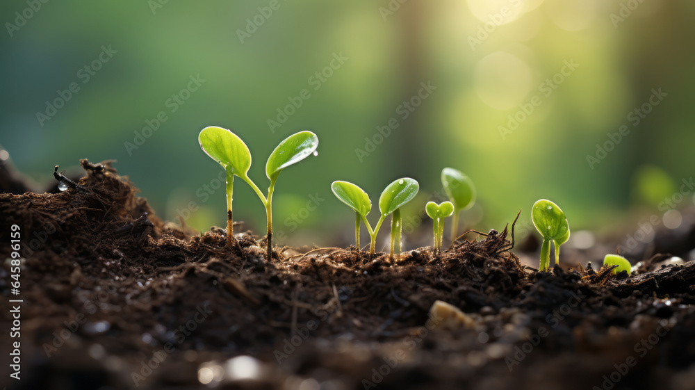 Fototapeta premium photograph of young plants growing up on ground with raining drop, save world and green green environment concept.generative ai