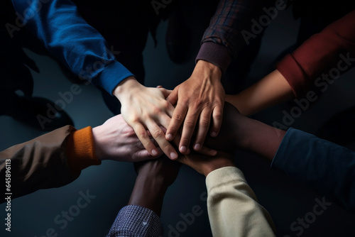 Hands of people of different races stacked on top of each other. Generative AI