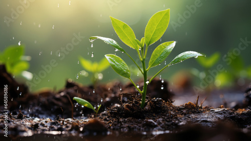 photograph of young plants growing up on ground with raining drop, save world and green green environment concept.generative ai © LomaPari2021