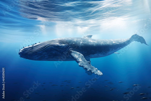 Beautiful blue whale in the sea. Generative AI
