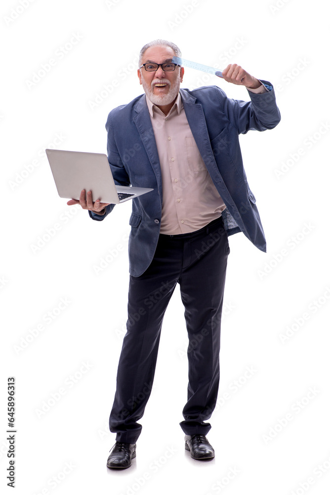 Old businessman with computer isolated on white Old businessman with computer isolated on white