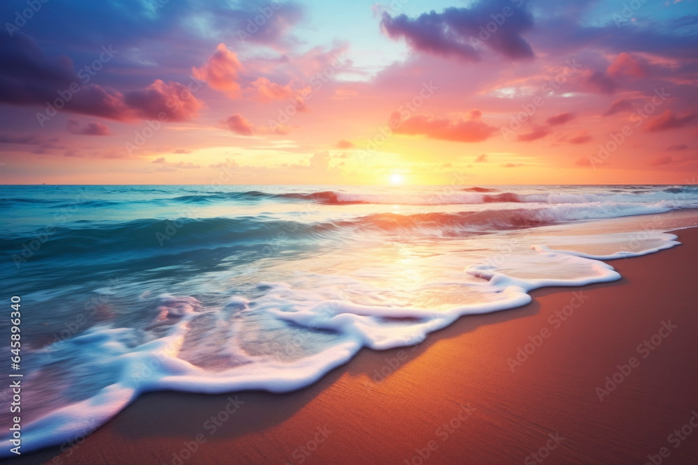 Sunset in the waves of the sea on the beach. Generative AI