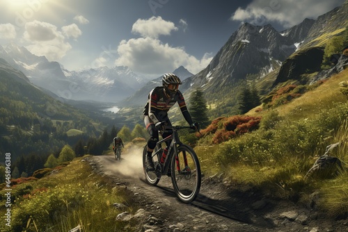 Riding bicycle on beautiful mountain trail in morning, cyclist on sports bike, Generated with AI
