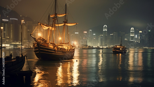 Victoria Harbour Hong Kong night view with junk ship on foreground generative ai photo