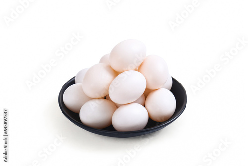 Pigeon eggs, indoor shot, white background, cutout, photography studio light