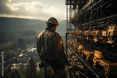 High-Voltage Power Line Technician: A technician works on power lines at great heights, ensuring electricity supply.Generated with AI