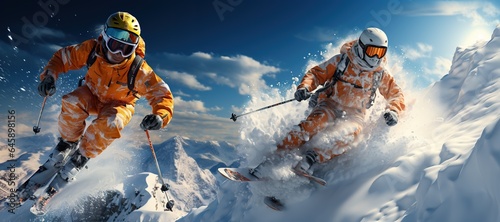 Jumping skier skiing. Extreme  sports on mountain,Generated with AI photo