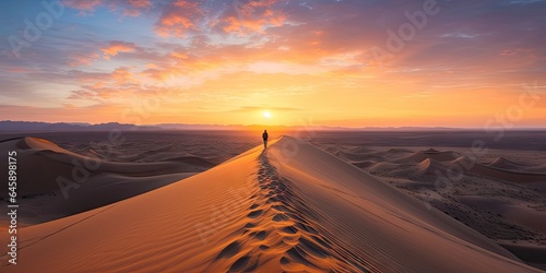 Solo adventure. Chasing sun. Hiking across golden sands. Desert dreams. Journey through sahara dunes