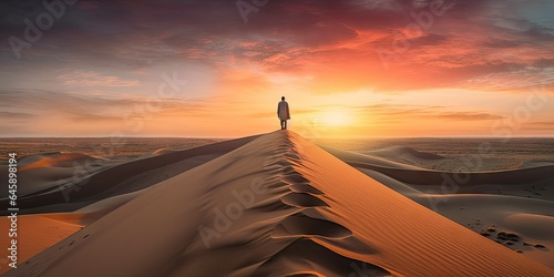 Solo adventure. Chasing sun. Hiking across golden sands. Desert dreams. Journey through sahara dunes