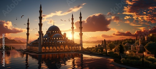 majestic mosque with a stunning minaret against a sunset backdrop.Generated with AI photo