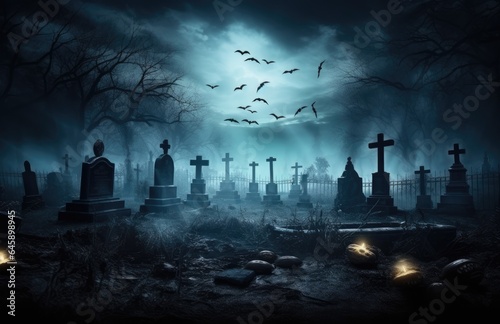 Halloween spooky night graveyard scene with bats and moon background