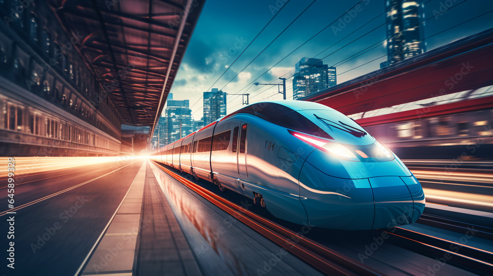 A high-speed train hurtling down a modern railway track A high-speed train hurtling down a modern railway track