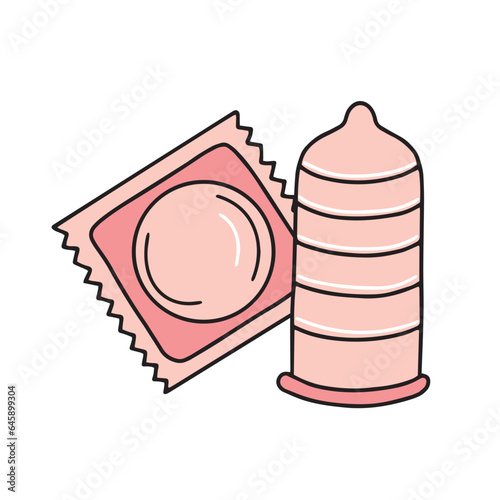 Condoms and packages. Vector flat illustration in doodle style.