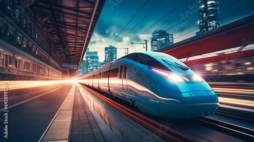 A high-speed train hurtling down a modern railway track