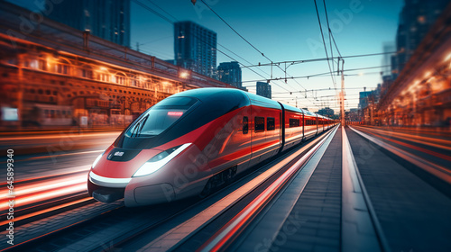 A high-speed train hurtling down a modern railway track
