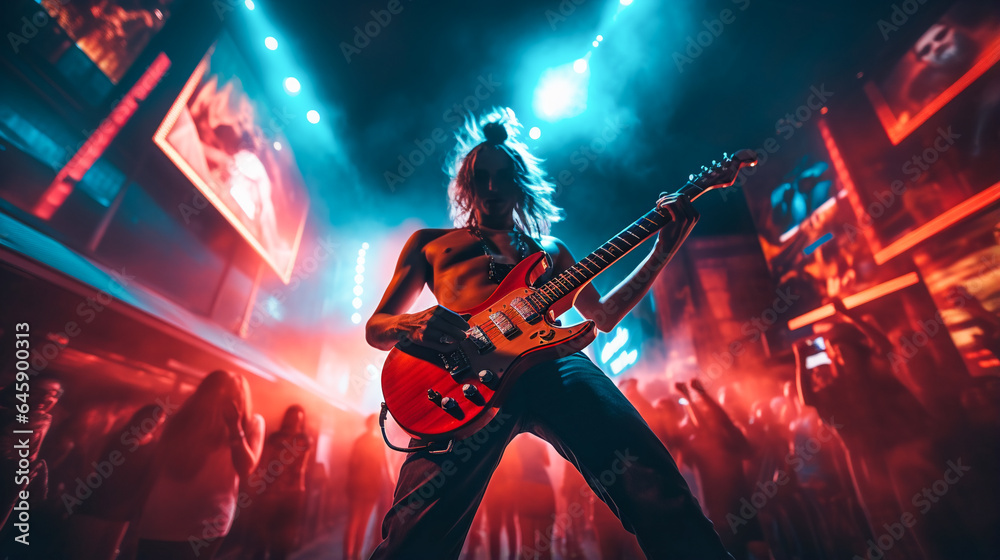 Fototapeta premium Lead Guitarist in Action. Rock Concert Performance