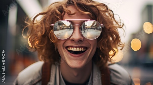 A cheerful man with glasses smiling as he walks through a city street, a candid portrait in motion