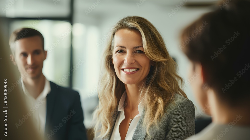 Mature business woman having a discussion with her team. a career woman in the company's management team leading a meeting in an office. generative AI Mature business woman having a discussion with her team. a career woman in the company's management team leading a meeting in an office. generative AI