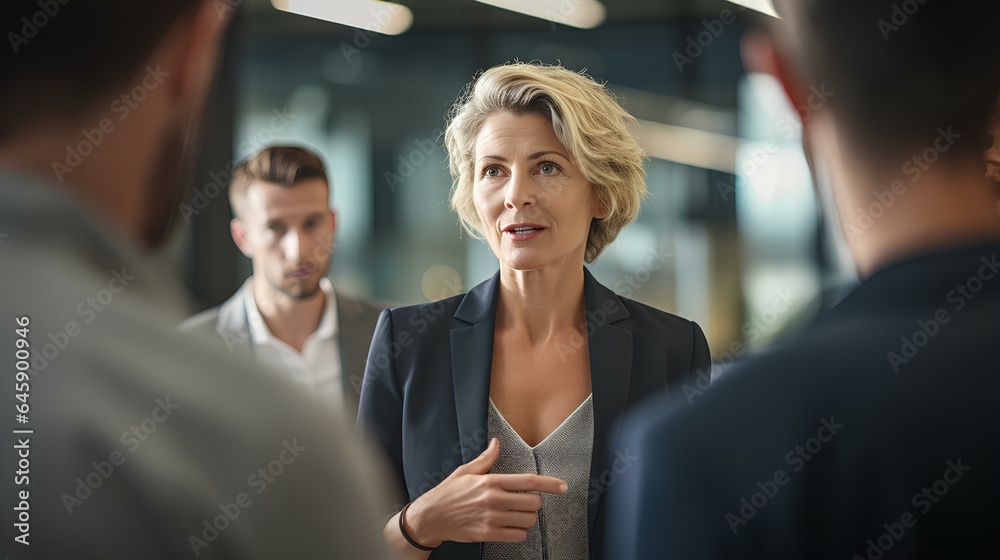 Mature business woman having a discussion with her team. a career woman in the company's management team leading a meeting in an office. generative AI