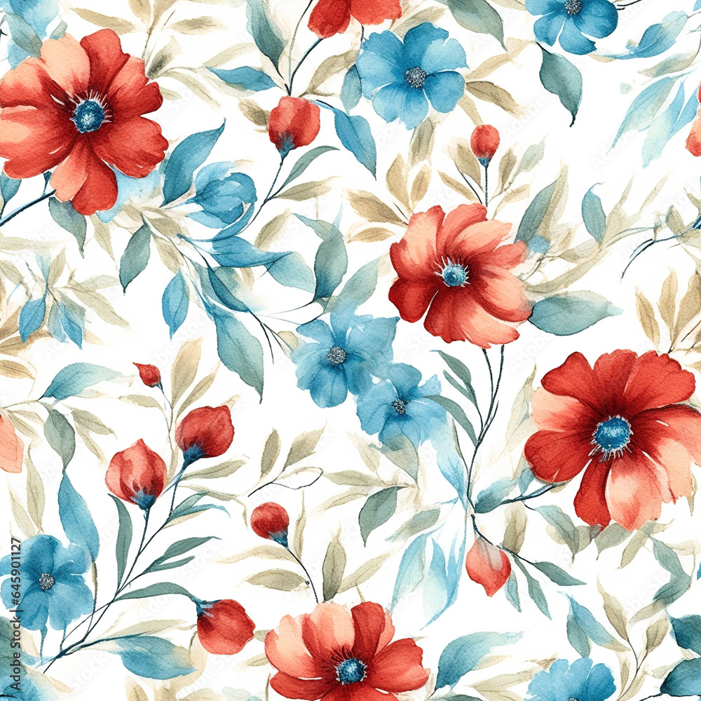 Seamless pattern with watercolor flowers hand-drawn illustration