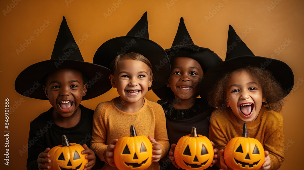 children with halloween pumpkins, happy smiling preschool kids holding jack-o-lanterns, looking at camera, group of diverse children, studio photo children with halloween pumpkins, happy smiling preschool kids holding jack-o-lanterns, looking at camera, group of diverse children, studio photo