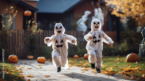 Children wearing Halloween costumes running down the street, trick or treat halloween, little children in spooky ghost costumes, running and playing in the yard decorated with Jack o lanterns, cosplay