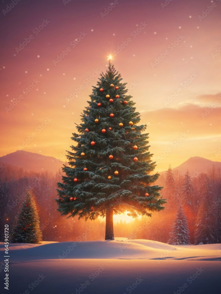 christmas tree in the snow with beautiful sunset on the background