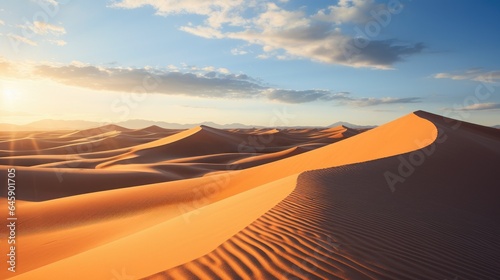 A sun-drenched desert landscape unfolds, showcasing golden sand dunes and undulating terrain under the bright sun. The rolling dunes cast dramatic shadows © Aidas