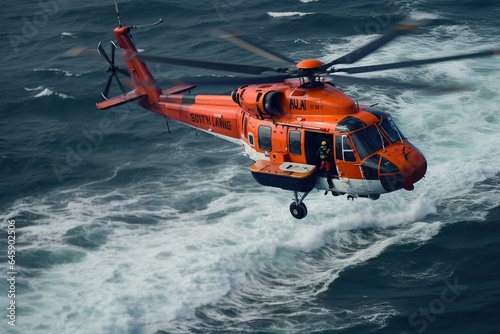 Coast Guard lifeguard descends from a helicopter onto a ship in the middle of the deep blue sea, performing a daring rescue operation.Generated with AI photo