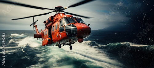 Coast Guard lifeguard descends from a helicopter onto a ship in the middle of the deep blue sea, performing a daring rescue operation.Generated with AI © Chanwit