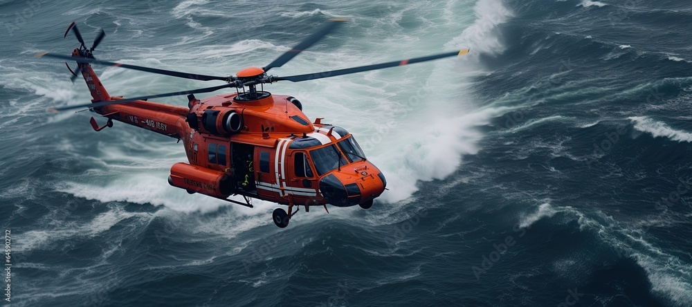 Coast Guard lifeguard descends from a helicopter onto a ship in the ...