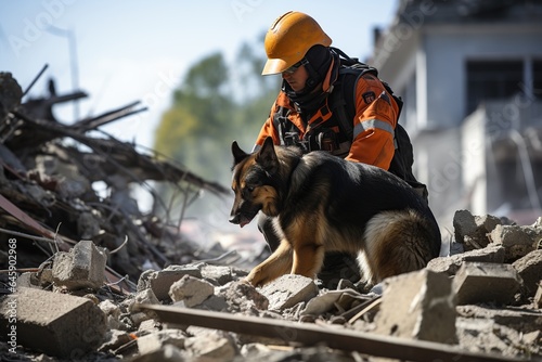 USAR (Urban Search and Rescue), along with their K9 search and rescue dogs. mobilizing to search for earthquake survivors amid the rubble of a collapsed building. Generated with AI photo