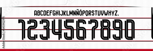 font vector team 2023 - 2024 kit sport style font. football style font with lines. flamengo away font. The Mengao. sports style letters and numbers for soccer team. league Brazil. photo
