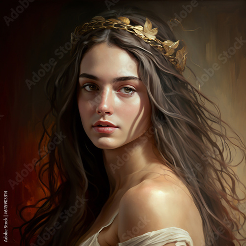 Beautiful Woman With Gold Flower Crown Dressed As Greek Goddess