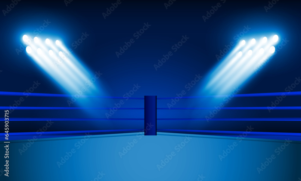 Obraz premium Boxing ring arena and floodlights vector design Bright stadium arena lights red blue. Vector illumination