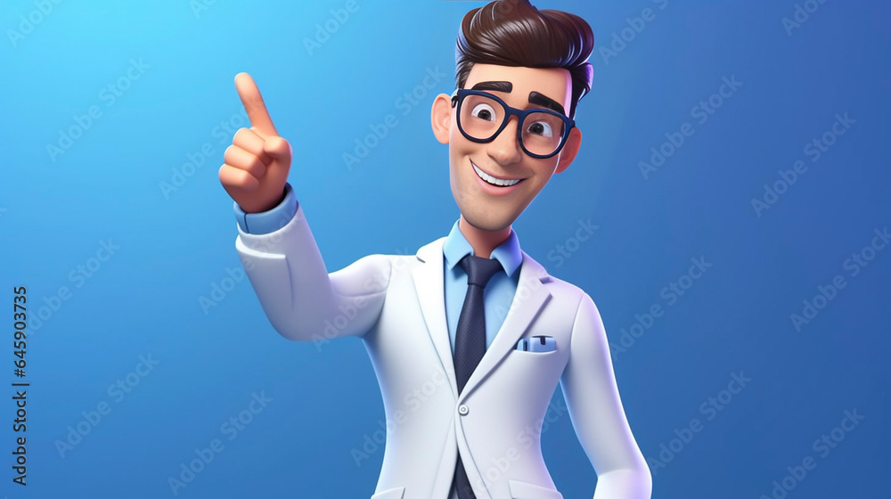 copy space, 3d render. Cartoon character caucasian man doctor wears glasses tie and white coat. Finger pointing up. Medical clip art isolated on blue background. Healthcare assistant advice, medicine copy space, 3d render. Cartoon character caucasian man doctor wears glasses tie and white coat. Finger pointing up. Medical clip art isolated on blue background. Healthcare assistant advice, medicine