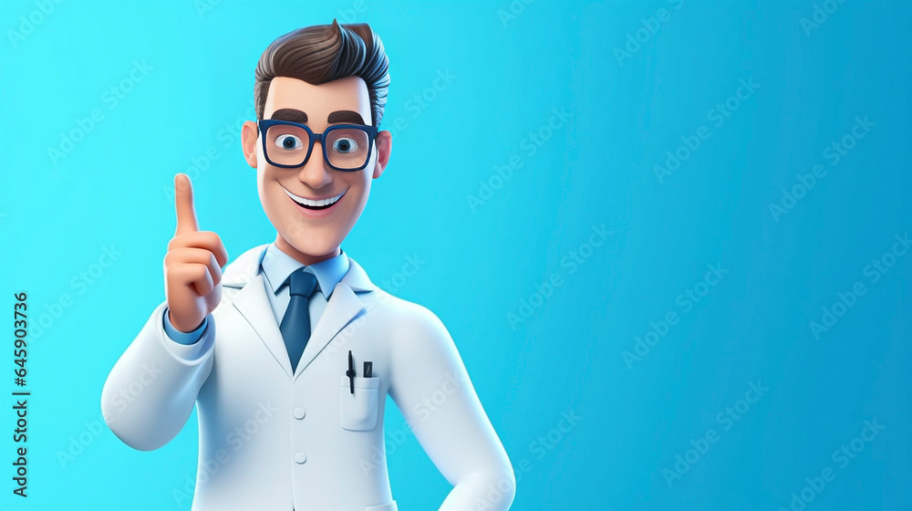 copy space, 3d render. Cartoon character caucasian man doctor wears glasses tie and white coat. Finger pointing up. Medical clip art isolated on blue background. Healthcare assistant advice, medicine copy space, 3d render. Cartoon character caucasian man doctor wears glasses tie and white coat. Finger pointing up. Medical clip art isolated on blue background. Healthcare assistant advice, medicine