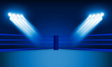 Boxing ring arena and floodlights vector design Bright stadium arena lights red blue. Vector illumination