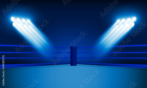 Boxing ring arena and floodlights vector design Bright stadium arena lights red blue. Vector illumination