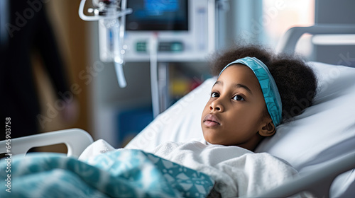 Portrait of black little girl laying in bed in hospital room recovery