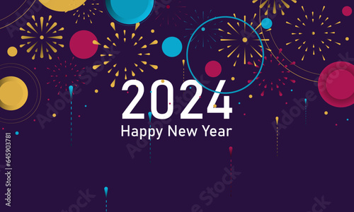 Colorful fireworks 2024 New Year background and text Happy New Year design in the night sky. Simple pattern design template. vector design.