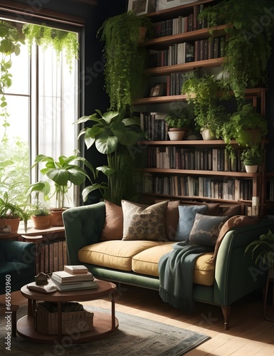 A room corner with book shelfs and a reading 1siter sofa coffee table and plants
