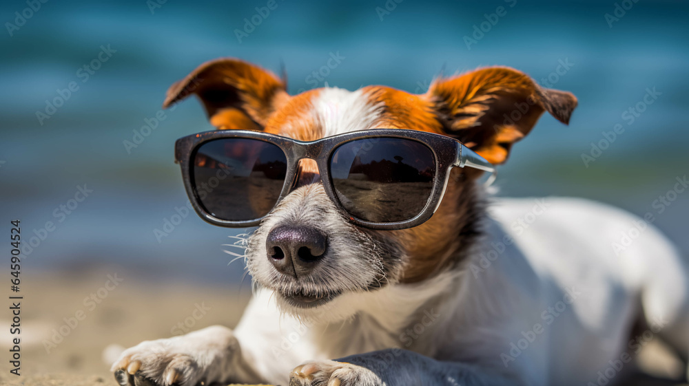 DOG WEARING SUNGLASSES IN THE BEACH DOG WEARING SUNGLASSES IN THE BEACH