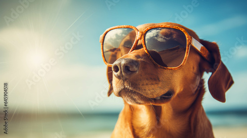 DOG WEARING SUNGLASSES IN THE BEACH © Montana Photo&Design