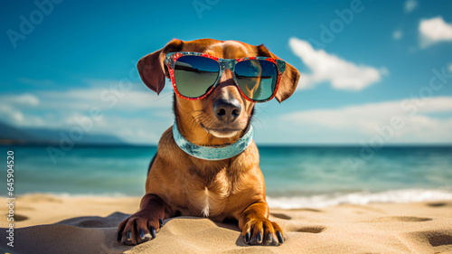 DOG WEARING SUNGLASSES IN THE BEACH