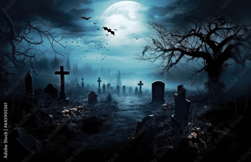 Halloween spooky night graveyard scene with bats and moon background - obrazy, fototapety, plakaty 