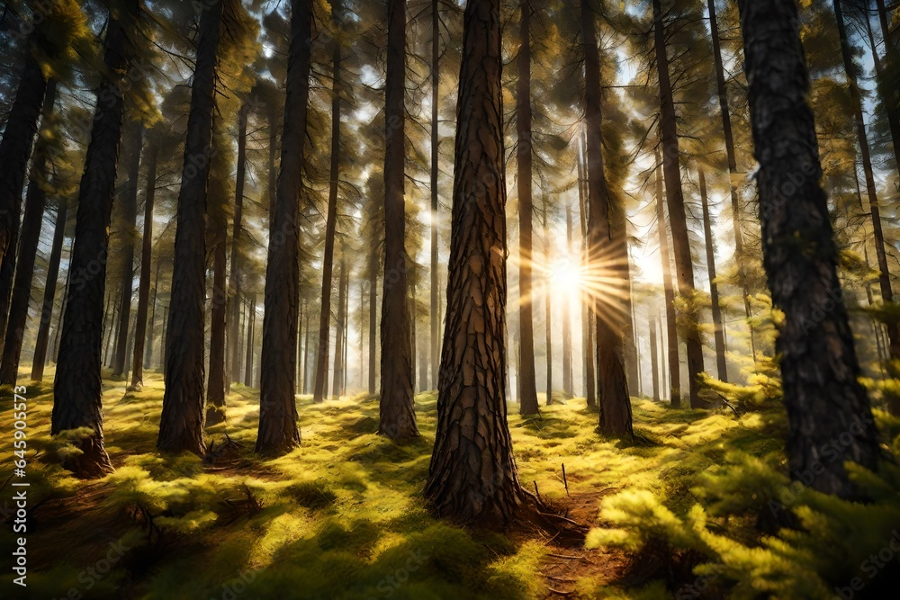 Fototapeta premium a close up view of pine tree, present in forest, sun rays are also present